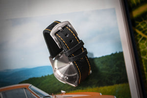 Enoksen Leather & Technical Cloth Strap - Black With Orange Stitching (18, 20, 22 & 24mm)
