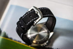 Enoksen Leather & Technical Cloth Strap - Black With White Stitching (18, 20, 22 & 24mm)