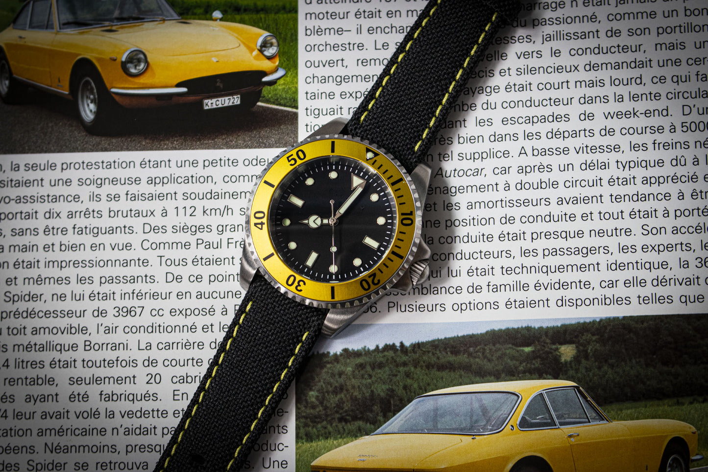 Enoksen Leather & Technical Cloth Strap - Black With Yellow Stitching (18, 20, 22 & 24mm)