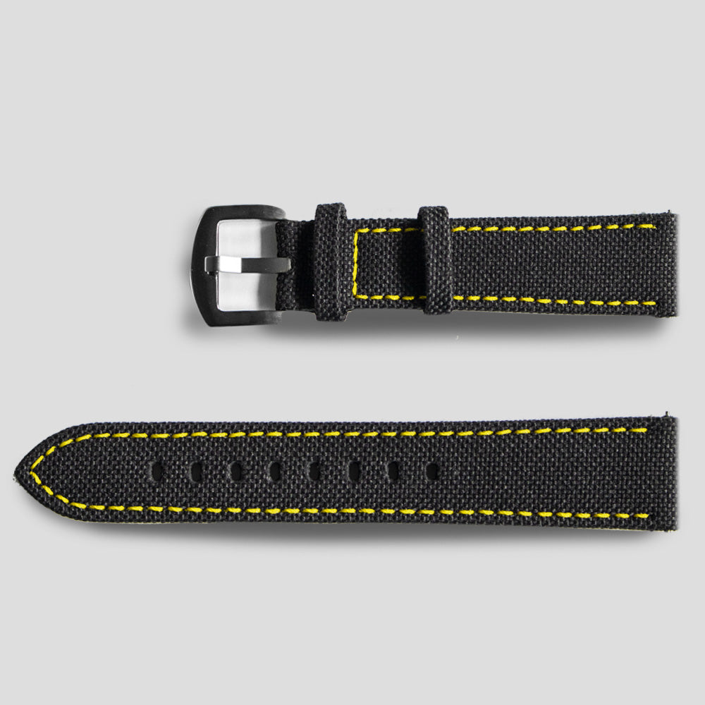 Enoksen Leather & Technical Cloth Strap - Black With Yellow Stitching (18, 20, 22 & 24mm)